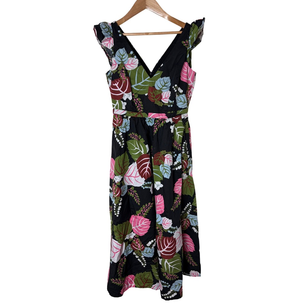 Boden Tropical Leaf Ruffle Sleeve V-Neck Cotton Midi Dress Black US 4P